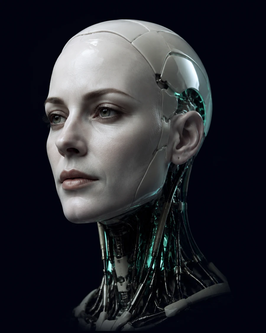 Digital employee with realistic humanoid face and mechanical neck