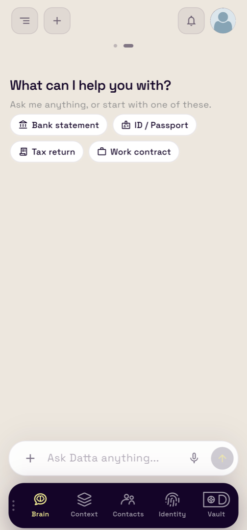 Current Datta app screenshot: Brain, Context, Contacts, Identity and Vault